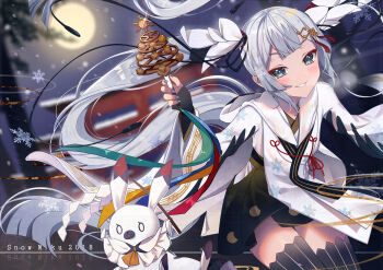 1girl animal bell black_skirt black_thighhighs blue_eyes blue_ribbon blush character_name chihaya_(clothing) commentary english_commentary fortissimo full_moon green_ribbon hair_between_eyes hair_ornament hatsune_miku highres holding holding_bell japanese_clothes jingle_bell kagura_suzu long_hair miko moon musical_note musical_note_hair_ornament musical_note_print musical_staff musical_staff_print night official_alternate_costume official_alternate_hairstyle orange_ribbon outdoors pleated_skirt rabbit rabbit_yukine red_ribbon ribbon skirt smile snowflake_print snowflakes striped_clothes striped_thighhighs teeth thighhighs torii twintails vertical-striped_clothes vertical-striped_thighhighs very_long_hair vocaloid weizhi white_hair yellow_ribbon yuki_miku yuki_miku_(2018)