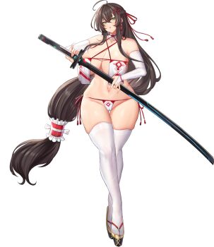 1girl ahoge ark_re:code breast_curtains breasts brown_eyes brown_hair cameltoe cleavage crossed_bangs full_body game_cg hair_ribbon hair_tie half-closed_eyes highres holding holding_sword holding_weapon julia_(ark_re:code) katana large_breasts long_hair looking_at_viewer low-tied_long_hair navel nontraditional_miko official_art panties red_ribbon ribbon sandals sheath side-tie_panties skindentation sword thighhighs thighs underwear very_long_hair weapon white_background white_panties white_thighhighs zouri