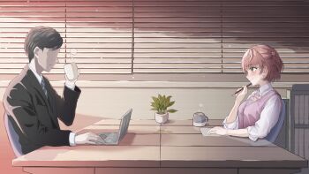 1boy 1girl black_hair black_jacket blush bow bowtie brown_hair commentary_request computer cup faceless faceless_male highres holding holding_cup holding_pencil idolmaster idolmaster_shiny_colors ikuta_haruki indoors jacket john_kelly laptop looking_at_another mug pencil pink_vest plaid_bow plaid_bowtie plaid_clothes plant potted_plant producer_(idolmaster) sitting smile steam vest white_background window_blinds