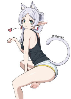 1girl animal_ear_fluff animal_ears barefoot black_tank_top blue_eyes breasts cat_ears cat_girl cat_tail closed_mouth commentary crossed_legs earrings extra_ears fatzhai foot_out_of_frame frieren from_side heart jewelry kemonomimi_mode long_hair looking_at_viewer medium_breasts panties parted_bangs paw_pose petite pointy_ears sideboob simple_background sitting solo sousou_no_frieren spoken_heart tail tank_top turning_head twintails twitter_username underwear white_background white_hair white_panties yellow_trim