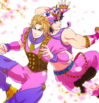 Rule 34 | 2boys, blonde hair, blue eyes, blue hair, claws, dio brando, fingerless gloves, fingernails, gloves, hat, jojo no kimyou na bouken, jonathan joestar, male focus, multiple boys, nyorori, official alternate costume, pink theme, red eyes, shirt, striped clothes, striped shirt, suspenders