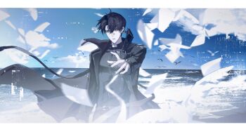 1boy asaki_an bird black_coat black_hair bloom coat hashtag-only_commentary head_tilt highres horizon male_focus omniscient_reader's_viewpoint open_clothes open_coat outstretched_arm popped_collar reaching reaching_towards_viewer short_hair solo too_many too_many_birds too_many_papers wind wind_lift yoo_joonghyuk