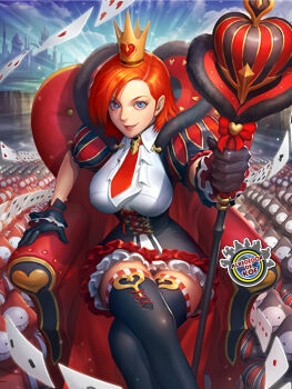 1girl blue_eyes bow breasts card castle chair crown curvy dress female_focus gloves gold hair_ornament heart highres large_breasts magic magical_girl queen red_hair short_hair skirt socks staff the_king_of_fighters thighs throne vanessa_(kof) wide_hips wonderland