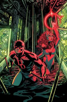 1boy 1girl avengers_(series) black_liquid bodysuit character_logo comic_cover commentary cowl curly_hair daredevil dress dual_wielding english_commentary english_text fake_horns glowing glowing_eyes green_eyes highres holding holding_baton holding_weapon horns horror_(theme) long_hair magic marvel matt_murdock monster muscular muscular_male off-shoulder_dress off_shoulder official_art red_bodysuit red_dress red_eyes russell_dauterman scarlet_witch subway superhero_costume tentacles wading wanda_maximoff weapon zombie