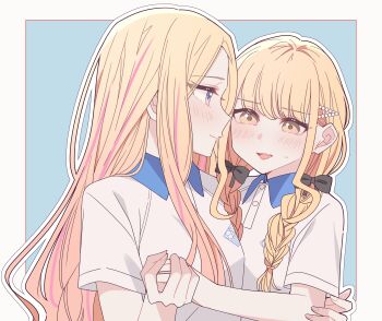 2girls absurdres black_bow blonde_hair border bow braid closed_mouth collared_shirt commentary contrast_collar fang fujita_kotone gakuen_idolmaster gym_uniform hair_bow hair_ornament hairclip highres holding_hands idolmaster juo_sena kousaka_0v0 long_hair multiple_girls open_mouth outline pink_hair purple_eyes school_uniform shirt short_hair skin_fang smile twin_braids upper_body white_border white_outline white_shirt yellow_eyes yuri