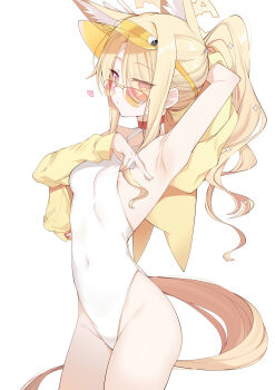 1girl animal_ear_fluff animal_ears bird blue_archive cross_halo daive fox_ears fox_girl halo highleg highleg_one-piece_swimsuit highres jacket long-tailed_tit official_alternate_hairstyle one-piece_swimsuit orange-tinted_eyewear seia_(blue_archive) seia_(swimsuit)_(blue_archive) solo swimsuit tinted_eyewear tit_(bird) visor_cap white_one-piece_swimsuit yellow_halo yellow_jacket yellow_visor