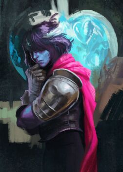 1other androgynous angusburgers armor black_hair blue_skin cape colored_skin deltarune disco_elysium hair_over_eyes heart highres kris_(deltarune) red_cape short_hair shoulder_armor utdr_(toby_fox)