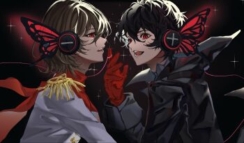 2boys adumi231 akechi_gorou amamiya_ren black_coat black_gloves black_hair brown_hair butterfly_wings coat crow_(persona_5) epaulettes formal_clothes gloves hair_between_eyes headphones highres insect_wings jacket joker_(persona_5) long_sleeves magnet_(vocaloid) multiple_boys persona persona_5 red_eyes red_scarf scarf short_hair simple_background smile sparkle string string_of_fate suit wings
