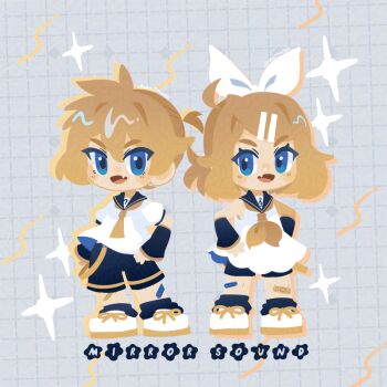 1boy 1girl :d arm_warmers bandaid bandaid_on_knee bandaid_on_leg bare_shoulders bass_clef black_sailor_collar black_shorts black_socks blonde_hair blue_eyes blush_stickers brother_and_sister chibi chibi_only commentary double-parted_bangs fang full_body grid_background hair_between_eyes hair_ornament hair_ribbon hairclip hands_on_own_hips kagamine_len kagamine_rin looking_at_viewer neckerchief necktie no_lineart open_mouth parallel_hairclips parted_bangs projecttiger ribbon sailor_collar shirt shoes short_hair short_sleeves shorts siblings side_ahoge skin_fang sleeveless sleeveless_shirt smile sneakers socks sparkle standing thick_eyebrows treble_clef twins vocaloid white_ribbon white_shirt white_shoes yellow_neckerchief yellow_necktie