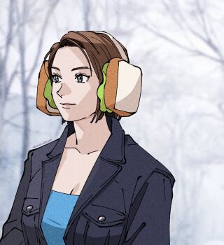 1girl artist_name black_jacket blue_eyes blue_shirt brown_hair commentary earmuffs english_commentary jacket jill_valentine looking_to_the_side mya_(mmyaaym) resident_evil shirt short_hair smile