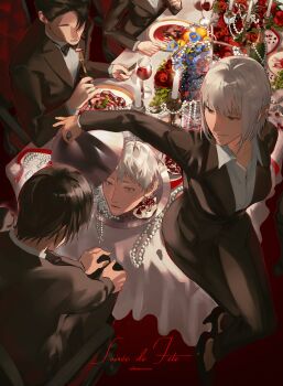 2girls 3boys absurdres black_bow black_bowtie black_hair black_suit bow bowtie cannibalism chair collared_shirt decapitation eohme formal_clothes from_above hashtag-only_commentary highres hikaru_ga_shinda_natsu indou_hikaru jewelry looking_at_another mole mole_on_neck multiple_boys multiple_girls necklace oc_x_canon on_chair original pearl_necklace plate red_pupils shirt short_eyebrows short_hair sitting sitting_on_table suit tsujinaka_yoshiki white_hair white_shirt