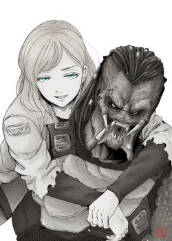 1boy 1girl alien bifurcated_jaw black_sclera blue_eyes broken_tooth colored_sclera commentary dek_(predator) dreadlocks fangs glaring hug hug_from_behind jaw kinoshita_itaru mandibles monochrome predator:_badlands predator_(series) sharp_teeth smile symbol-only_commentary teeth thia_(predator) upper_body yellow_eyes