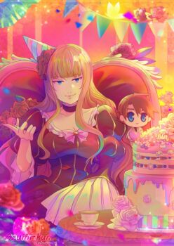 1girl artist_name azumi-kun beatrice_(umineko) birthday_cake black_dress blonde_hair blue_eyes breasts cake character_doll closed_mouth commentary commission cup dessert doll dress english_commentary food hair_down hat indoors lambdadelta large_breasts looking_at_viewer party_hat plate sidelocks sitting smile solo streamers teacup umineko_no_naku_koro_ni ushiromiya_battler watermark