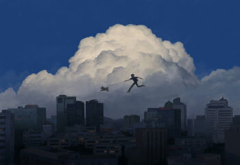 1boy atmospheric_layer choidomart cityscape cloud cloud_focus cool_colored dog dusk high_up highres holding holding_leash leash muted_color original scenery shiba_inu silhouette sky surreal what wide_shot