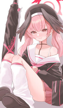 1girl absurdres beret black_hat black_shirt blue_archive blush breasts closed_mouth commentary_request hat head_wings highres koharu_(blue_archive) leg_warmers looking_at_viewer pink_hair red_eyes red_skirt ruo1001 shirt skirt small_breasts solo white_leg_warmers wings