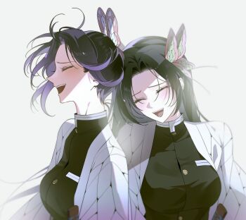 2girls butterfly_hair_ornament checkered_haori checkered_sash demon_slayer_uniform hair_ornament haori highres japanese_clothes kimetsu_no_yaiba kochou_kanae kochou_shinobu multiple_girls print_haori siblings sisters sono_krg tri_braids