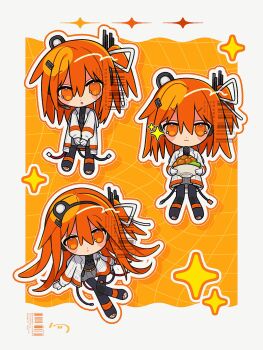 Rule 34 | 1girl, a.i. voice, adachi rei, alternate hair length, alternate hairstyle, bowl, chibi, chibi only, chicken (food), commentary, food, fried chicken, highres, holding, holding bowl, holding food, jacket, long hair, looking at viewer, multiple views, nasi (na si), open clothes, open jacket, orange eyes, orange hair, symbol-only commentary, utau, white jacket