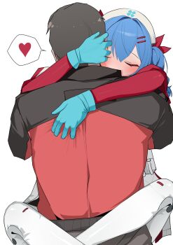 1boy 1girl absurdres black_jacket black_pants blue_gloves blue_hair boots brown_hair closed_eyes colphne_(girls&#039;_frontline_2) colphne_(silent_heart)_(girls&#039;_frontline_2) commander_(girls&#039;_frontline) commentary girls&#039;_frontline girls&#039;_frontline_2:_exilium gloves hair_between_eyes hair_ornament hair_ribbon hairclip hat heart hetero highres hug implied_after_sex jacket leg_lock medium_hair multicolored_jacket nurse nurse_cap official_alternate_costume pants red_jacket red_ribbon red_sleeves ribbon short_hair simple_background speech_bubble spoken_heart straddling thigh_boots two-tone_jacket upright_straddle white_background white_boots white_hat yanagui_yugi