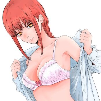 1girl bra braid braided_ponytail breasts chainsaw_man closed_mouth highres isuke_(isuke_now) makima_(chainsaw_man) medium_breasts open_clothes open_shirt red_hair ringed_eyes shirt sidelocks simple_background solo underwear white_background white_bra white_shirt yellow_eyes