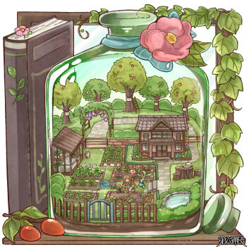 Rule 34 | 1other, book, bottle, bush, chigu, commentary request, commission, creature, dairoku ryouhei, fence, flower, fruit tree, garden, gardening, holding, holding watering can, house, in bottle, in container, ladder, leaf, mini person, musical note, plant, pond, potted plant, shovel, spoken musical note, stone walkway, tree, tree stump, watering can