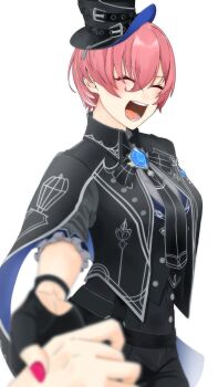 Rule 34 | 1girl, black cape, black gloves, black hat, black necktie, black shirt, blue gem, breasts, brooch, cape, closed eyes, commentary request, cowboy shot, fingerless gloves, gem, gloves, hair between eyes, happy, hat, highres, holding hands, hololive, jewelry, medium breasts, necktie, official alternate costume, open mouth, pink hair, pov, pov hands, ringo 21 a, shirt, short hair, simple background, smile, solo focus, takane lui, takane lui (british gothic), virtual youtuber, white background