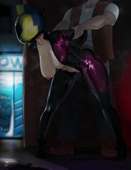 Rule 34 | 1boy, 1girl, bent over, black bodysuit, bodysuit, breasts, celty sturluson, cleavage, clothed sex, collarbone, durarara!!, full body, helmet, hetero, high heels, highres, large breasts, mdthetest, night, nipples, open bodysuit, open clothes, outdoors, sex, sex from behind, standing, standing sex