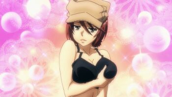 Rule 34 | 1girl, absurdres, animated, animated gif, anime screenshot, black camisole, blush, breasts, brown eyes, brown hair, brown hat, camisole, cleavage, collarbone, female focus, female masturbation, grabbing own breast, hat, highres, large breasts, lisa lovelock, looking at viewer, masturbation, medium hair, no bra, orgasm, sexually suggestive, solo, solo focus, taboo tattoo, teeth