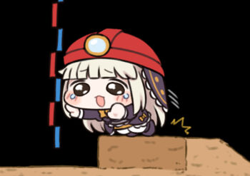 1girl :3 black_background chibi commentary_request crying crying_with_eyes_open long_hair meme mining_helmet nipruku parody simple_background solo speaki_(trickcal) speakiposting_(meme) spelunker tears trickcal