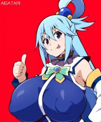 Rule 34 | 1girl, :p, ai-assisted, aigatari, aqua (konosuba), artist name, bad tag, bare shoulders, blue eyes, blue hair, blush, bow, breasts, covered erect nipples, detached sleeves, female, female focus, hair between eyes, hair ornament, hair rings, huge breasts, kono subarashii sekai ni shukufuku wo!, large breasts, long hair, looking at viewer, open mouth, red background, sidelocks, simple background, smile, solo, thumbs up, tongue, tongue out, upper body