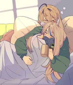 2girls absurdres addendium ahoge animal_ear_fluff animal_ears black_hair blanket blonde_hair blue_hair blue_sweater cat_ears closed_eyes commentary covered_mouth cuddling cup dooby english_commentary green_sweater hair_between_eyes hand_up highres holding holding_cup indie_virtual_youtuber indoors light_blush long_hair long_sleeves mug multicolored_hair multiple_girls pillow puffy_long_sleeves puffy_sleeves sameko_saba short_eyebrows short_hair sleeping sleeping_together sleeping_upright streaked_hair sweater under_covers virtual_youtuber window_shadow yuri zzz