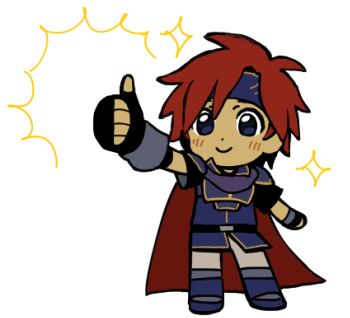 1boy armor black_gloves blue_eyes blue_headband blush cape chibi chibi_only commentary english_commentary fingerless_gloves fire_emblem fire_emblem:_the_binding_blade gloves headband male_focus nintendo red_cape red_hair roy_(fire_emblem) royfan3000 short_hair simple_background smile solo thumbs_up white_background