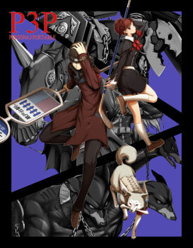 Rule 34 | 1boy, 1girl, albino, animal, aragaki shinjirou, armband, beanie, brown hair, castor (persona), cerberus (megami tensei), coat, dog, gekkoukan high school uniform, hair ornament, hairclip, hand on own head, hat, hockey stick, itouei, koromaru (persona), looking at viewer, persona, persona 3, persona 3 portable, red eyes, ribbon, road sign, school uniform, shiba inu, shiomi kotone, short hair, sign, skirt, thanatos (persona), trench coat