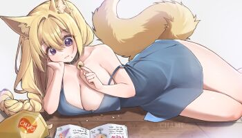 1girl :t animal_ears artist_name bag_of_chips bare_arms bare_shoulders belt_buckle belt_collar blue_dress bluesky_username braid breasts brown_collar buckle chami_(charming621) chips_(food) cleavage closed_mouth collar collarbone commentary_request cowboy_shot crumbs dress eating food food_on_face fox_ears fox_girl fox_tail grey_background hair_between_eyes hand_on_own_cheek hand_on_own_face hands_up head_rest highres holding holding_food large_breasts long_hair looking_at_object looking_down low-braided_long_hair low-tied_long_hair lying magazine_(object) on_floor on_side open_magazine original potato_chips purple_eyes reading short_dress single_braid sleeveless sleeveless_dress solo spaghetti_strap strap_slip tail twitter_username wooden_floor