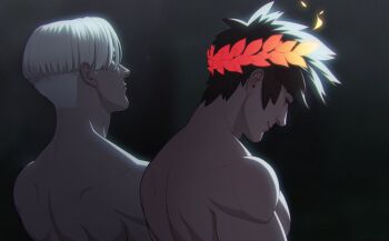 2boys black_background black_hair commentary facing_away falling_leaves fox_bravo hades_(series) laurel_crown leaf light_smile looking_down male_focus multiple_boys parted_bangs short_hair spiked_hair symbol-only_commentary thanatos_(hades) toned toned_male topless_male undercut white_hair zagreus_(hades)