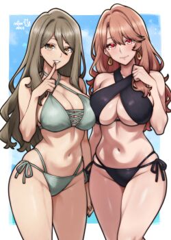 2girls artist_name bare_arms bare_shoulders bikini black_bikini border breasts brown_eyes brown_hair closed_mouth commentary commission criss-cross_halter crossover earrings english_commentary feet_out_of_frame finger_to_mouth green_bikini grin hair_between_eyes halterneck hand_up highleg highleg_bikini index_finger_raised jewelry ko-fi_commission large_breasts layered_bikini light_blush long_hair looking_at_viewer lycoris_recoil multiple_girls nakahara_mizuki navel no_eyewear oshi_no_ko outside_border rotomdocs saitou_miyako side-tie_bikini_bottom smile standing swimsuit white_border