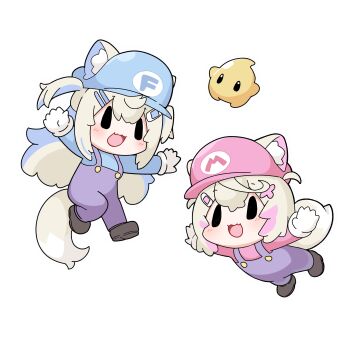 absurdres animal_ear_fluff animal_ears bandaid bandaid_hair_ornament blue_hat cosplay dog_ears dog_girl dog_tail fuwawa_abyssgard gloves hair_ornament hat highres hololive hololive_english luma_(mario) mario mario_(cosplay) mococo_abyssgard multicolored_hair overalls pink_hat siblings snowmya streaked_hair tail twins virtual_youtuber white_background white_gloves x_hair_ornament