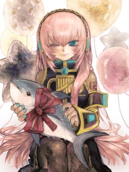 Rule 34 | 1girl, animal, armlet, balloon, blue eyes, commentary request, detached sleeves, fish, headphones, headset, highres, holding, holding animal, holding fish, jewelry, korean commentary, lizi (megurine luka30), long hair, long sleeves, megurine luka, nail polish, one eye closed, pantyhose, pink hair, ribbon, shirt, sitting, skirt, sleeveless, sleeveless shirt, smile, solo, star balloon, tuna, very long hair, vocaloid
