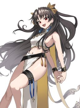 1girl absurdres black_hair breasts china_dress chinese_clothes dress earrings fate/grand_order fate_(series) hair_ribbon highres ishtar_(fate) jewelry long_hair medium_breasts open_mouth parted_bangs red_eyes ribbon shibao_aoyama sideboob simple_background smile solo tassel tassel_earrings thigh_strap two_side_up white_background