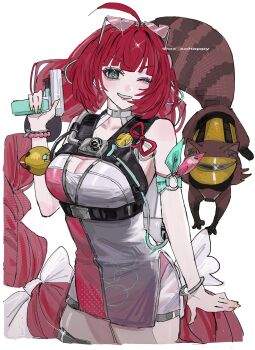 1girl ahoge bikini bikini_top_under_shirt bikini_under_clothes braid braided_twintails breasts commentary_request cowboy_shot eyewear_on_head green_eyes hair_ornament heart heart-shaped_eyewear highres holding holding_water_gun large_breasts long_hair official_alternate_costume one-piece_swimsuit one_eye_closed ox_xohappy pink_one-piece_swimsuit raccoon red_hair smile sphere_hair_ornament swimsuit two-tone_one-piece_swimsuit ukinami_yuzuha ukinami_yuzuha_(tanuki_in_broad_daylight) water_gun white_background zenless_zone_zero