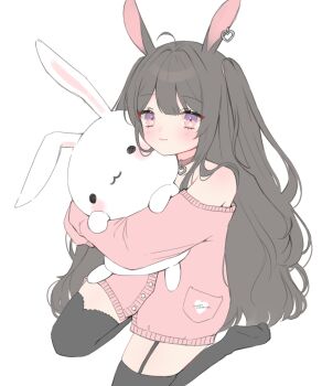 1girl absurdres animal_ears black_garter_straps black_hair black_thighhighs cardigan choker closed_mouth commentary earrings english_commentary full_body garter_straps heart heart_earrings highres holding holding_stuffed_toy jewelry kneeling loltinami long_hair looking_at_viewer multicolored_eyes no_pants no_shoes parted_bangs pink_cardigan pink_choker pink_eyes pocket purple_eyes rabbit_ears rabbit_girl self-portrait short_hair simple_background single_bare_shoulder single_earring single_garter_strap single_off_shoulder solo stuffed_animal stuffed_rabbit stuffed_toy thighhighs tinami_(vtuber) two-tone_eyes two_side_up vdonburi very_long_hair virtual_youtuber white_background