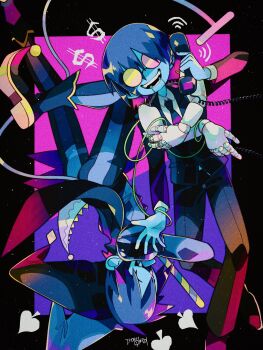 2boys artist_name black_necktie black_pants black_vest blue_hair blue_skin cable collared_shirt colored_skin colored_teeth corded_phone deltarune doll_joints dollar_sign fangs full_body hat heterochromatic_eyewear highres holding holding_phone holding_scythe jester_cap jevil joints kanpachi999 male_focus multiple_boys necktie pants phone round_eyewear scythe shirt smile spade_(shape) spamton_g._spamton striped_clothes striped_pants tail teeth tinted_eyewear tongue tongue_out upside-down utdr_(toby_fox) vest white_shirt yellow_teeth