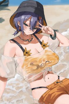 1girl absurdres beach belle_(summer_skies)_(zenless_zone_zero) belle_(zenless_zone_zero) bikini black_hat blue_hair blush breasts closed_mouth commentary_request green_eyes hair_ornament hat highres large_breasts letter_hair_ornament looking_at_viewer medium_hair nail_polish navel nekoshima_kaede official_alternate_costume orange_bikini orange_shorts outdoors pink_nails sand see-through_clothes see-through_shirt shirt shorts smile solo swimsuit tied_shirt v water white_shirt zenless_zone_zero