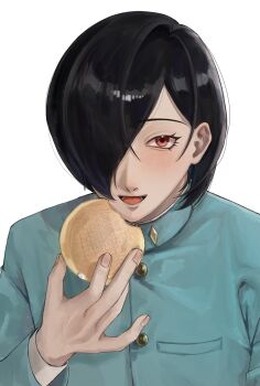 1boy black_hair blue_jacket blush commentary donut food gakuran hair_over_one_eye highres holding holding_donut holding_food jacket jelly_donut_(food) kasugayama_high_school_uniform kurosu_jun looking_at_viewer male_focus open_mouth persona persona_2 persona_2_tsumi red_eyes school_uniform short_hair simple_background smile solo symbol-only_commentary tomura_119 white_background