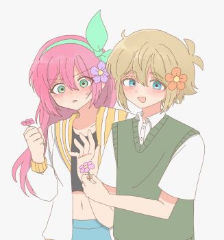 Rule 34 | 1boy, 1girl, antenna hair, aubrey (faraway) (omori), aubrey (omori), basil (faraway) (omori), basil (omori), blonde hair, blue eyes, blue hairband, blue skirt, blush, collarbone, collared shirt, crop top, denim, denim skirt, double-parted bangs, flower, green sweater vest, hair between eyes, hair flower, hair ornament, hairband, highres, holding, holding flower, jacket, long hair, long sleeves, looking at viewer, omori, open clothes, open jacket, open mouth, parted lips, pink hair, shirt, short sleeves, sidelocks, simple background, skirt, smile, sweatdrop, sweater vest, white background, white jacket, white shirt, yuuabara