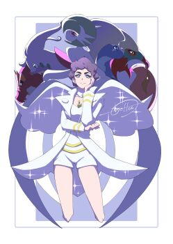 2girls absurdres artist_name aurorus blue_eyes blue_eyeshadow bob_cut border breasts bright_pupils brown_hair cccacademia clenched_hand coat colored_skin cropped_legs diantha_(pokemon) eyeshadow fake_wings female_focus gardevoir gen_3_pokemon gen_6_pokemon goodra gourgeist green_eyes green_hair hand_on_own_cheek hand_on_own_face hand_up happy hawlucha highres jewelry jumpsuit long_sleeves looking_at_viewer makeup medium_breasts mega_gardevoir mega_pokemon mega_stone multiple_girls necklace nintendo open_clothes open_coat outside_border parted_lips pokemon pokemon_(creature) pokemon_xy purple_eyes red_eyes revision short_hair short_jumpsuit signature smile solo_focus sparkle standing thighs tyrantrum white_border white_coat white_jumpsuit white_pupils white_skin white_wings wings yellow_eyes