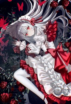 1girl bonnet bow bug butterfly closed_mouth commentary dress flower frilled_dress frills gothic_lolita hair_between_eyes highres insect juliet_sleeves lolita_fashion long_hair long_sleeves looking_at_viewer lying on_side original pantyhose puffy_sleeves red_bow red_butterfly red_eyes red_flower red_nails red_ribbon red_rose ribbon rose sakizaki_saki-p solo watermark white_dress white_flower white_hair white_pantyhose white_rose