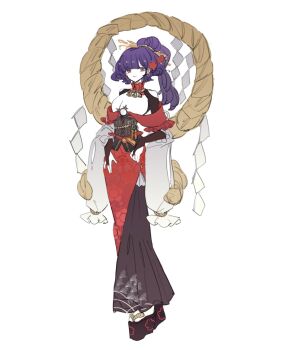 1girl alternate_costume alternate_hair_length alternate_hairstyle bare_shoulders breasts brown_dress brown_sandals cleavage corset dress full_body highres large_breasts platform_clogs platform_sandals ponytail purple_hair red_dress red_eyes rope sandals shide shimenawa smile solo touhou two-tone_dress yasaka_kanako zenritsu