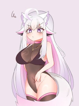 1girl :/ ahoge animal_ears annoyed baruyuky breasts cat_ears cat_girl cat_tail colored_inner_hair colored_tips gold_necklace hair_between_eyes highres indie_virtual_youtuber jewelry large_breasts long_hair multicolored_hair navel necklace pink_background pulling_own_clothes purple_eyes shiyuonline simple_background solo stirrup_legwear tail thick_thighs thighhighs thighs toeless_legwear transparent_leotard