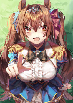 Rule 34 | 1girl, absurdres, animal ears, black bow, blue jacket, blush, bow, breasts, brown hair, center frills, commentary request, daiwa scarlet (peak blue) (umamusume), daiwa scarlet (umamusume), epaulettes, fang, framed breasts, frills, hair between eyes, hair intakes, highres, horse ears, horse girl, horse tail, jacket, juliet sleeves, large breasts, layered skirt, long hair, long sleeves, looking at viewer, open mouth, pointing, pointing at viewer, puffy sleeves, red eyes, shirt, skirt, smile, solo, tail, tiara, twintails, umamusume, umamusume horse relations, very long hair, white shirt, yoru usagi