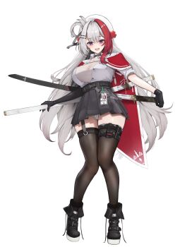 1girl black_gloves black_shoes black_skirt black_thighhighs breasts cleavage commentary commission cross_hair_ornament cyken_(cyken0718) garter_straps gloves grey_hair hair_between_eyes hair_ornament hair_rings hairclip highres holding holding_sword holding_weapon id_card large_breasts long_hair looking_at_viewer multiple_swords original parallel_hairclips red_hair red_streaks see-through_cleavage see-through_clothes shirt shirt_tucked_in shoes short_sleeves simple_background single_garter_strap single_hair_ring skirt socks solo standing stomach sword thighhighs thighs very_long_hair weapon weapon_on_back white_background white_shirt